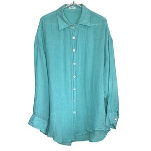 Vitamin A Linen Button Shirt Med Sheer Oversize Beachy Coastal Swim Resort Blue